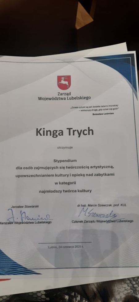 Kinga Trych - Stypendystką Marszałka Województwa Lubelskiego
